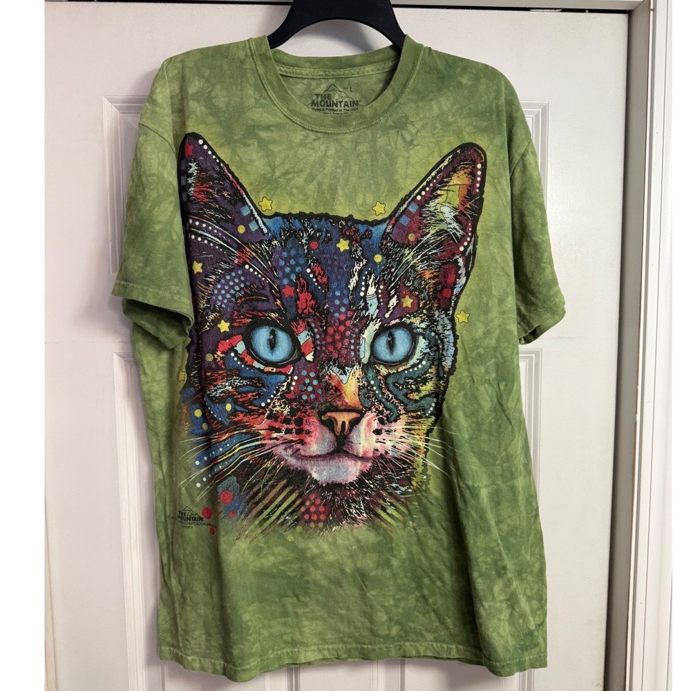 The Mountain Dean Russo Cat Graphic Tie Dye T-Shirt Green Mens Large small hole